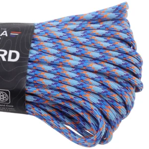 a closeup of 550 paracord - nebula on a white background