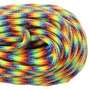 a closeup of 550 paracord - trippin on a white background