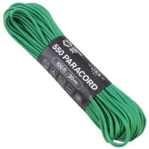 a hank of 550 paracord - green on a white background