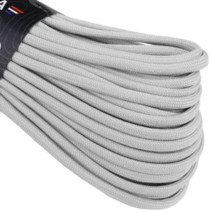 a closeup of 550 paracord - grey on a white background