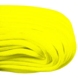 a closeup of 550 paracord - neon yellow on a white background