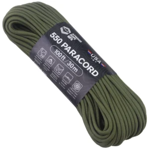 a hank of 550 paracord - olive drab on a white background