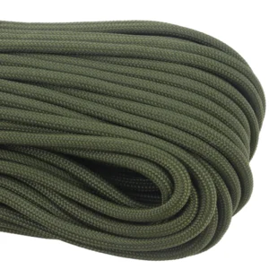 a closeup of 550 paracord - olive drab on a white background