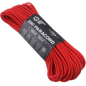 a hank of 550 paracord - red on a white background