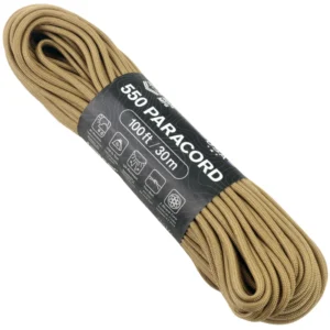 a hank of 550 paracord - tan on a white background